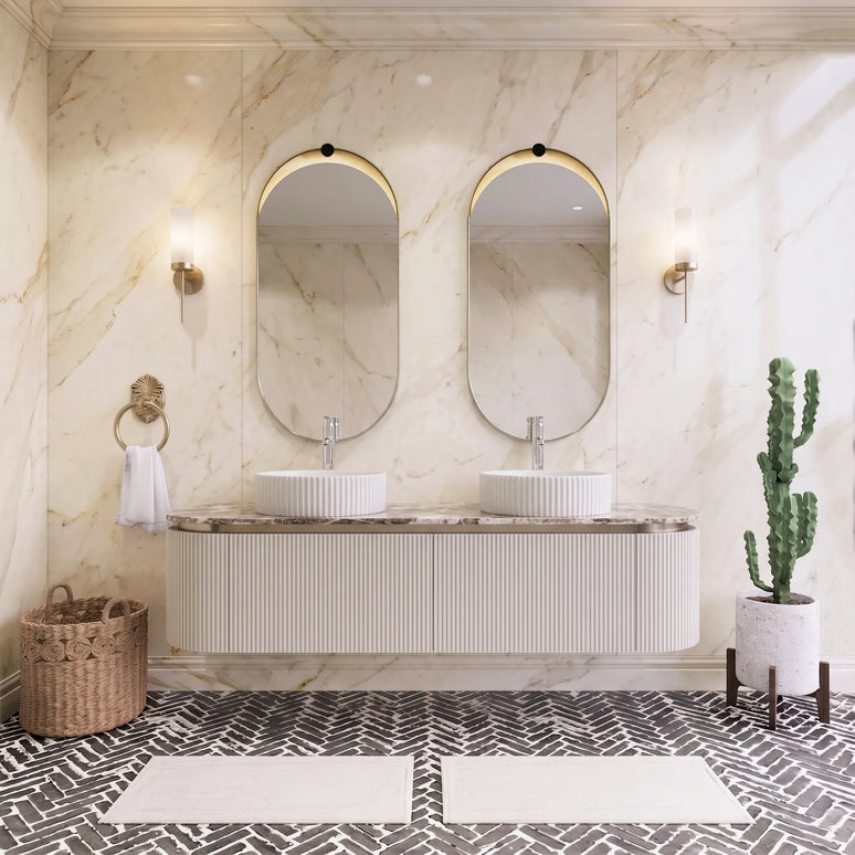 Set mobilier baie dublu 160 cm, suspendat, alb, cu lavoar dublu ceramic, blat rock slab și oglindă LED