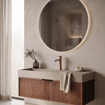 Set mobilier baie suspendat 120 cm, cu dulap din lemn, lavoar din rășină și oglindă LED rotundă pentru baie modernă