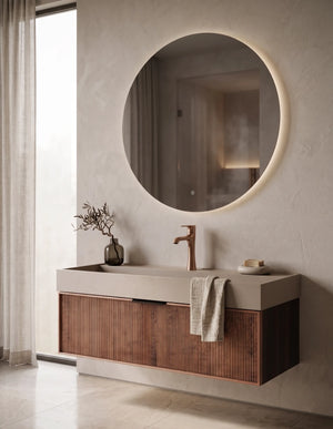 Set mobilier baie suspendat 120 cm, cu dulap din lemn, lavoar din rășină și oglindă LED rotundă pentru baie modernă