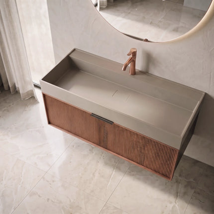 Set mobilier baie suspendat din lemn 120 cm cu lavoar și oglindă LED