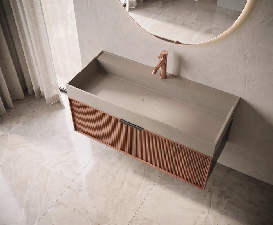 Set mobilier baie suspendat din lemn 120 cm cu lavoar și oglindă LED