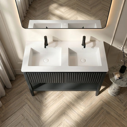 Set mobilier baie pe pardoseală 120 cm cu două lavoare și oglindă LED cu ramă neagră