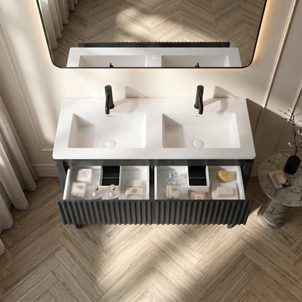 Set mobilier baie pe pardoseală 120 cm cu două lavoare și oglindă LED cu ramă neagră