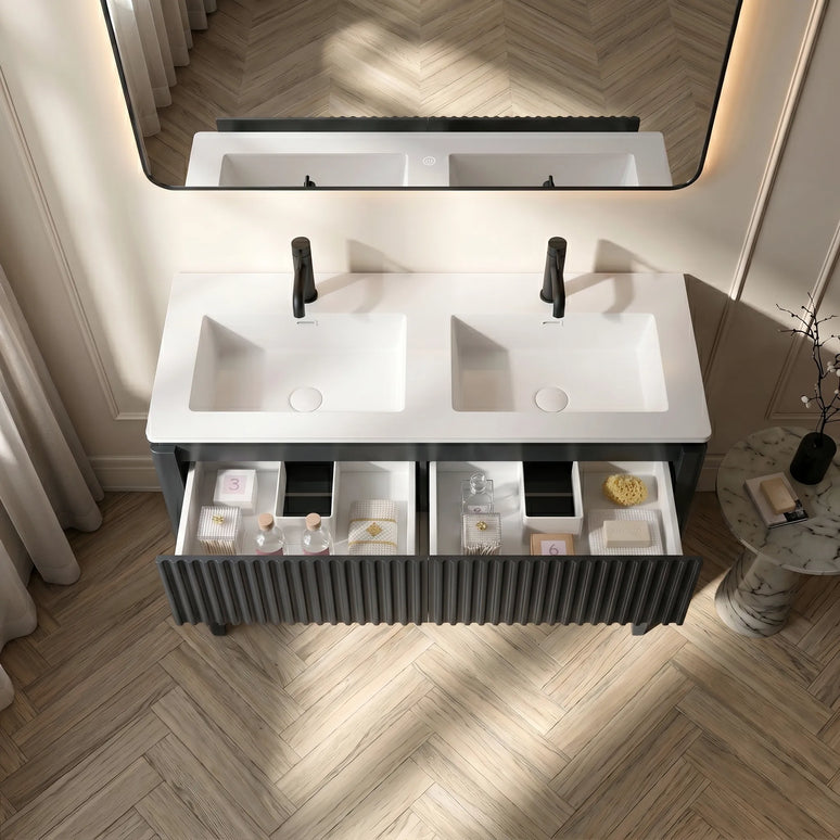 Set mobilier baie pe pardoseală 120 cm cu două lavoare și oglindă LED cu ramă neagră