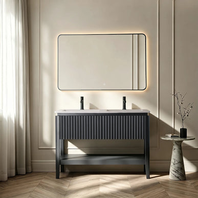 Set mobilier baie pe pardoseală 120 cm, negru, cu lavoar dublu din rășină și oglindă LED cu ramă neagră