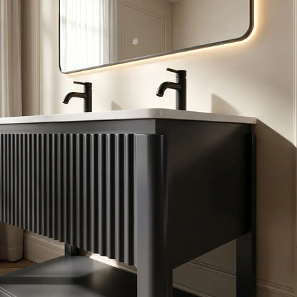 Set mobilier baie pe pardoseală 120 cm cu două lavoare și oglindă LED cu ramă neagră