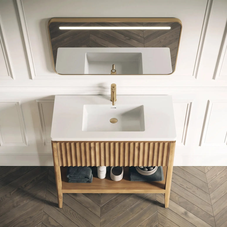 Set mobilier baie pe pardoseală din lemn 100 cm cu lavoar rock slab și oglindă LED