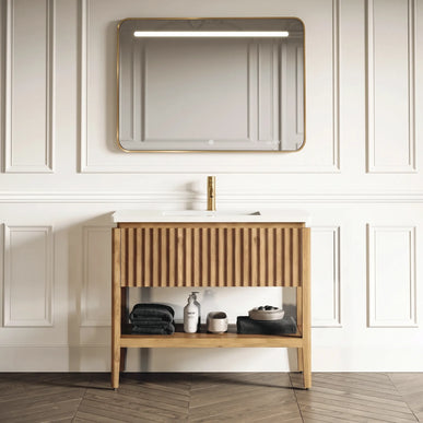 Set mobilier baie pe pardoseală 100 cm, cu dulap din lemn, lavoar rock slab și oglindă LED pentru baie modernă
