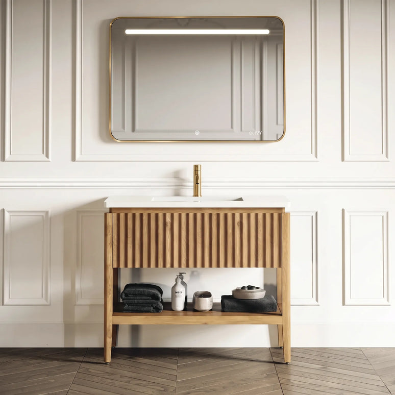 Set mobilier baie pe pardoseală 100 cm, cu dulap din lemn, lavoar rock slab și oglindă LED pentru baie modernă