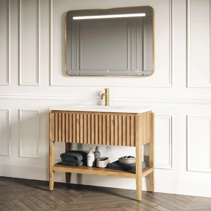 Set mobilier baie pe pardoseală din lemn 100 cm cu lavoar rock slab și oglindă LED