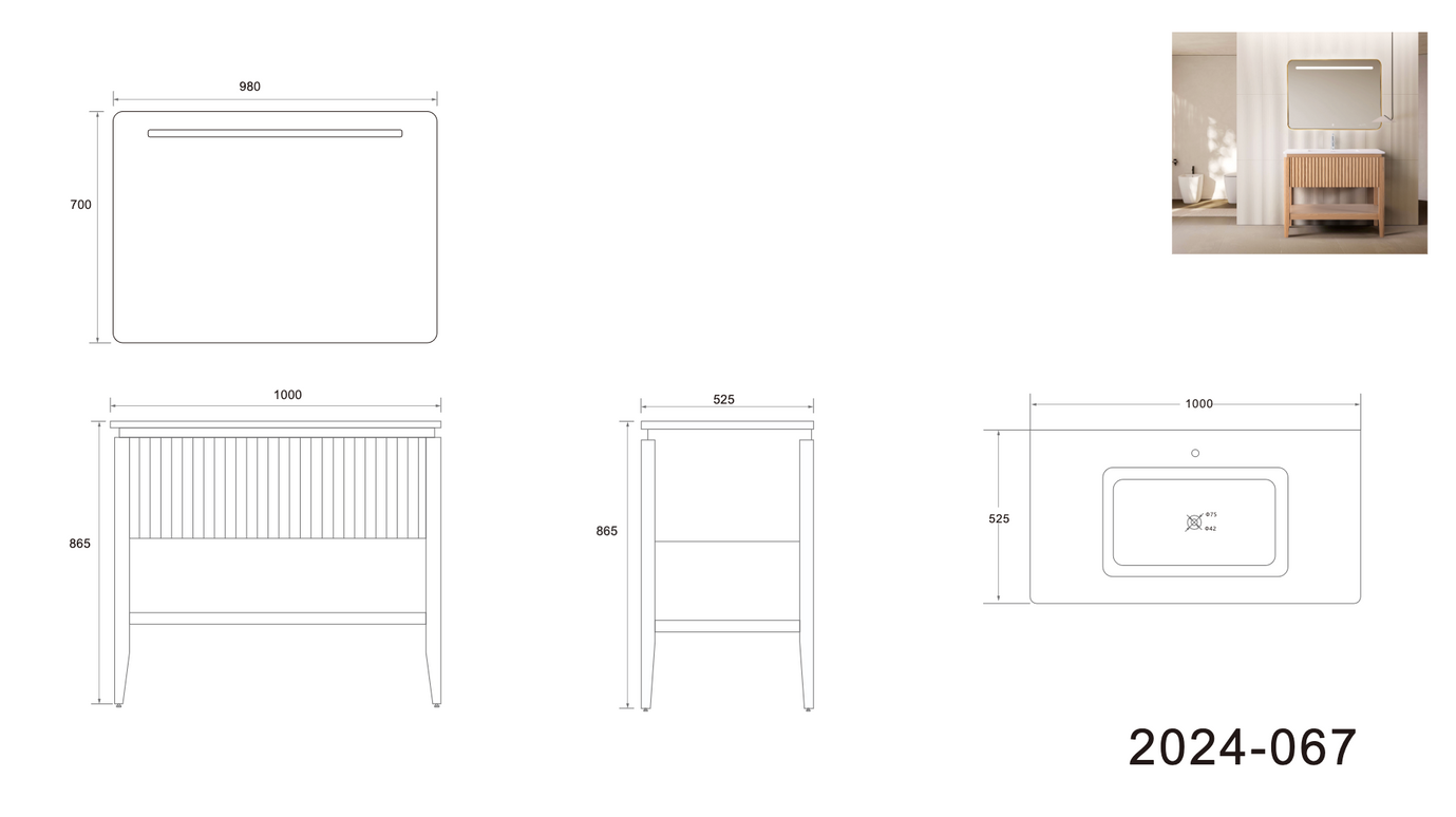 Set mobilier baie pe pardoseală din lemn 100 cm cu lavoar rock slab și oglindă LED