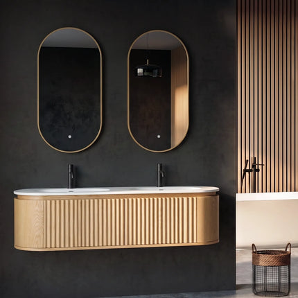 Set mobilier baie dublu 160 cm, cu dulap suspendat din lemn, două lavoare și oglinzi LED pentru baie matrimonială