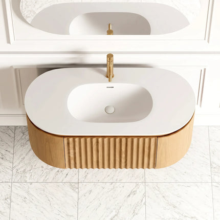 Set mobilier baie suspendat din lemn 100 cm cu lavoar ceramic, blat rock slab și oglindă LED