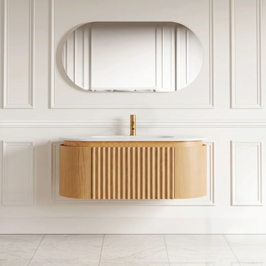 Set mobilier baie suspendat 100 cm, cu dulap din lemn, lavoar ceramic, blat rock slab și oglindă LED cu ramă