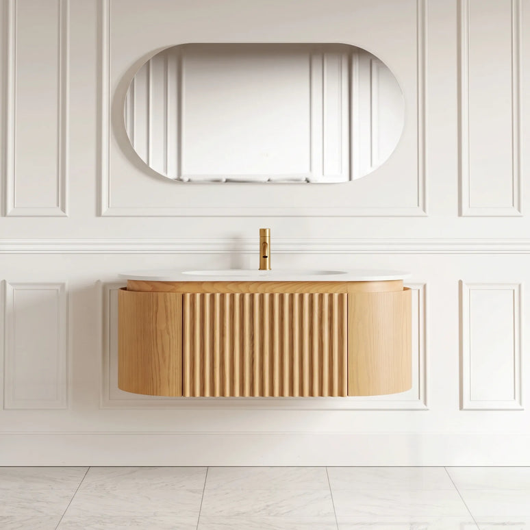 Set mobilier baie suspendat 100 cm, cu dulap din lemn, lavoar ceramic, blat rock slab și oglindă LED cu ramă