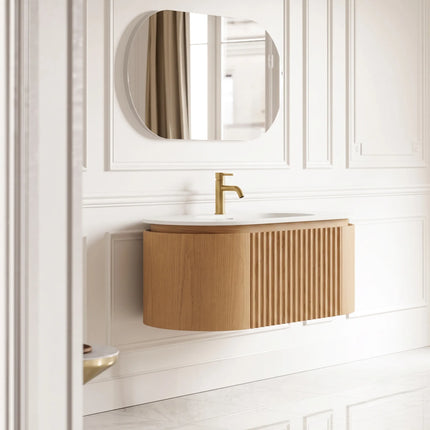 Set mobilier baie suspendat din lemn 100 cm cu lavoar ceramic, blat rock slab și oglindă LED