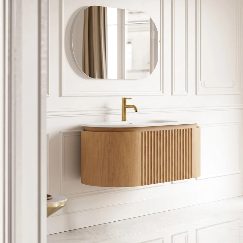 Set mobilier baie suspendat din lemn 100 cm cu lavoar ceramic, blat rock slab și oglindă LED