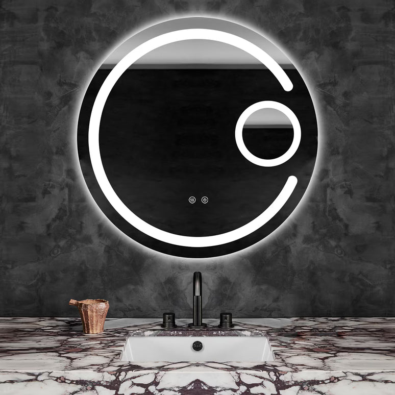 Oglindă baie LED H13 rotundă cu 3 lumini, anti-aburire, touch control și lupă