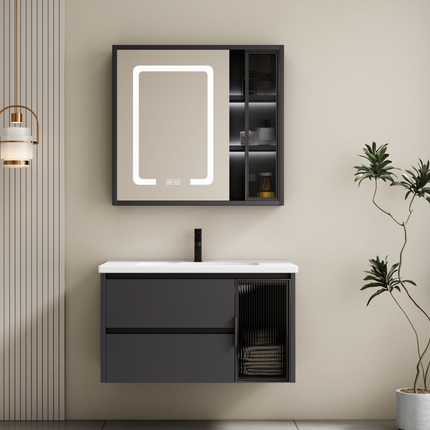 Set complet mobilier baie suspendat Aveline cu lavoar și dulap cu oglindă LED – alb