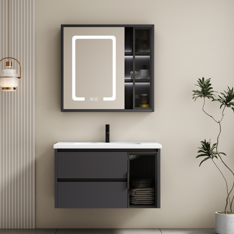 Set complet mobilier baie suspendat Aveline cu lavoar și dulap cu oglindă LED – gri