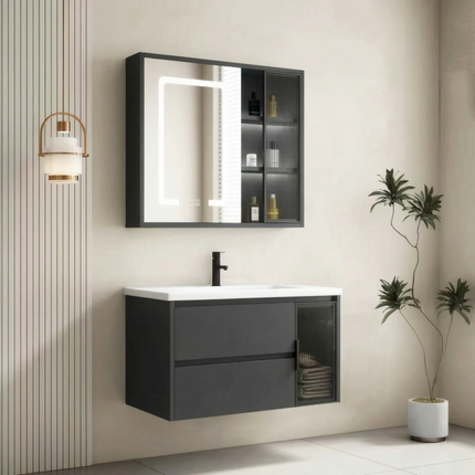 Set complet mobilier baie suspendat Aveline cu lavoar și dulap cu oglindă LED – alb