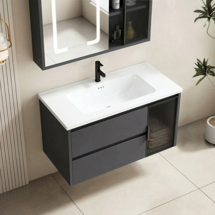 Set complet mobilier baie suspendat Aveline cu lavoar și dulap cu oglindă LED – alb
