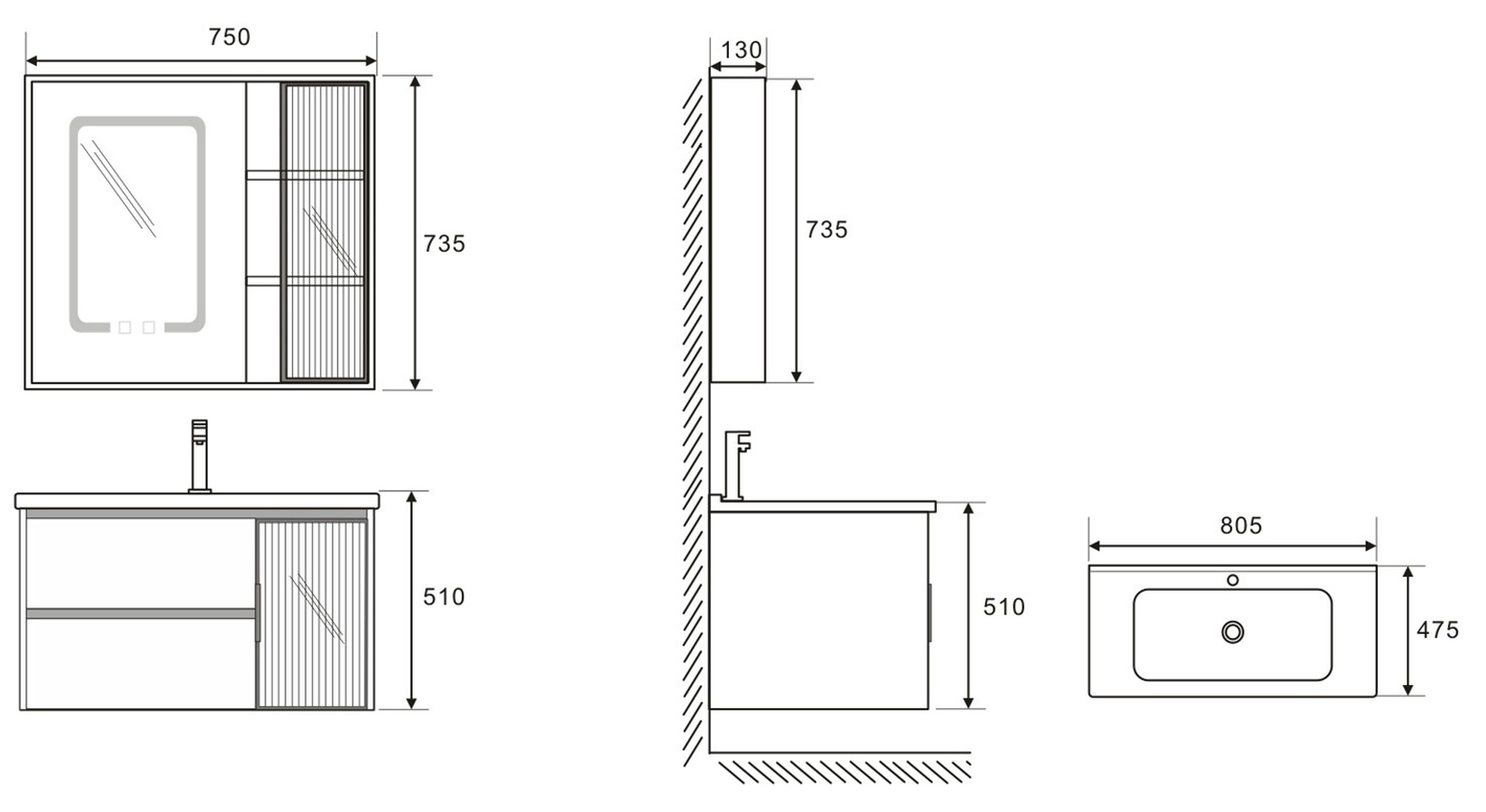 Set complet mobilier baie suspendat Aveline cu lavoar și dulap cu oglindă LED – gri