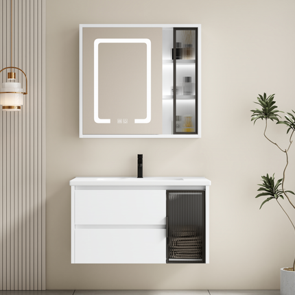 Set complet mobilier baie suspendat Aveline cu lavoar și dulap cu oglindă LED – alb