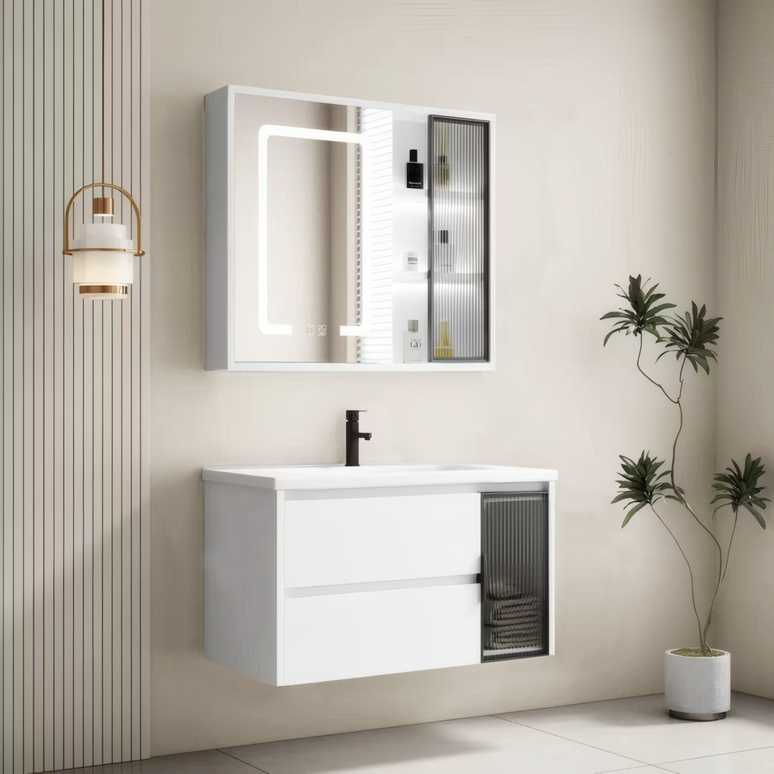 Set complet mobilier baie suspendat Aveline cu lavoar și dulap cu oglindă LED – gri