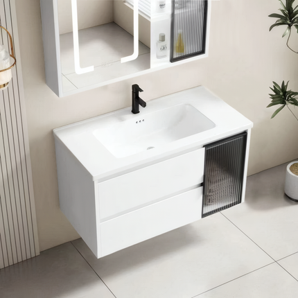 Set complet mobilier baie suspendat Aveline cu lavoar și dulap cu oglindă LED – alb