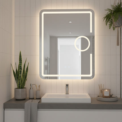 Oglindă baie LED H-1041 dreptunghiulară cu lupă cosmetică, 3 funcții lumină și anti-aburire