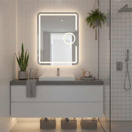 Oglindă baie LED H-1041 dreptunghiulară cu lupă cosmetică, 3 funcții lumină și anti-aburire