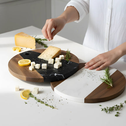 Tocător rotund din lemn de acacia și marmură albă, Ø25 cm, Olivy