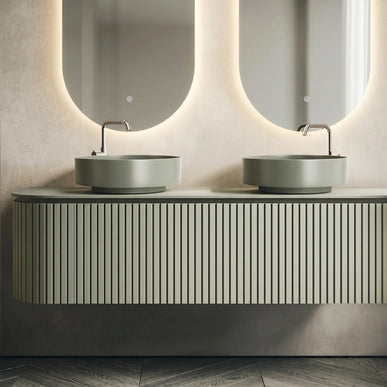 Set mobilier baie dublu 160 cm, suspendat, cu lavoar dublu din rășină și oglindă ovală LED pentru baie matrimonială