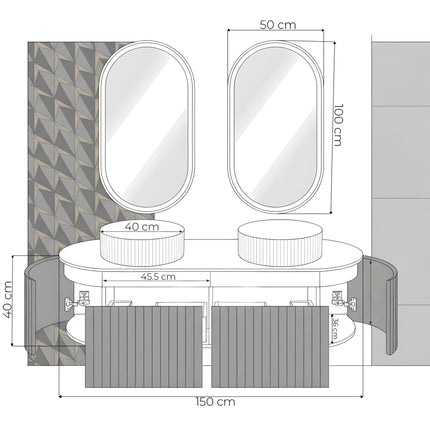 Set Mobilier baie suspendat dublu cu lavoare și oglinzi LED – Design modern, 150 cm