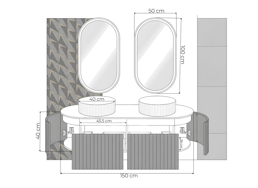 Set Mobilier baie suspendat dublu cu lavoare și oglinzi LED – Design modern, 150 cm