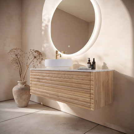 Set mobilier baie suspendat din lemn 120 cm cu lavoar alb și oglindă LED