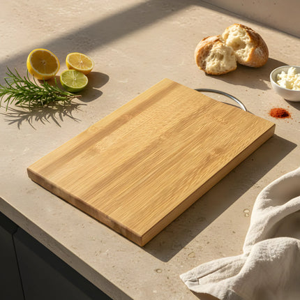 Tocător din bambus cu mâner din oțel inoxidabil, 32×22 cm