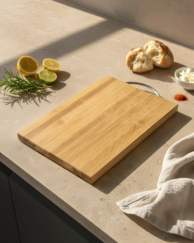 Tocător din bambus cu mâner din oțel inoxidabil, 32×22 cm