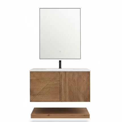 Set Mobilier Baie din Lemn cu Design Geometric & Oglindă LED – Model Premium