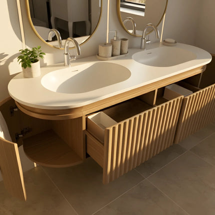 Set Mobilier Baie Dublu din Lemn cu Două Lavoare & Oglinzi LED – Design Premium