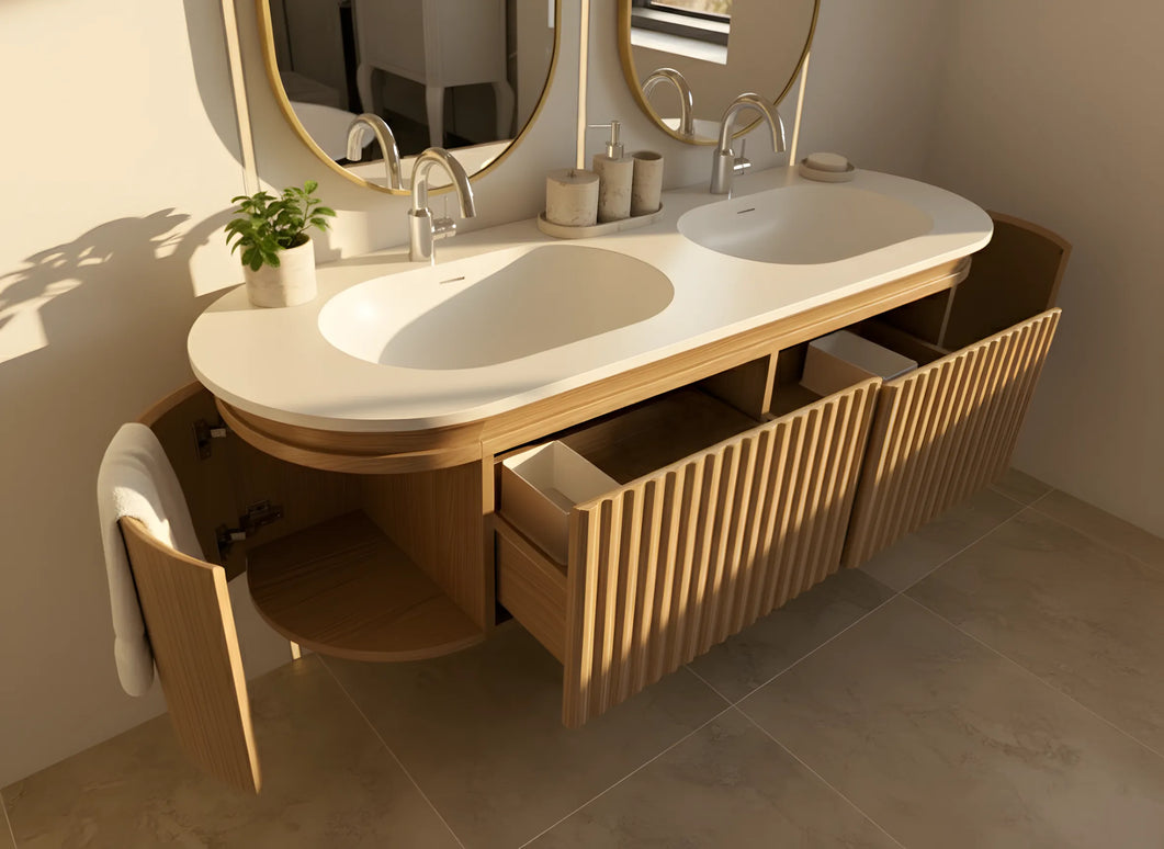 Set Mobilier Baie Dublu din Lemn cu Două Lavoare & Oglinzi LED – Design Premium