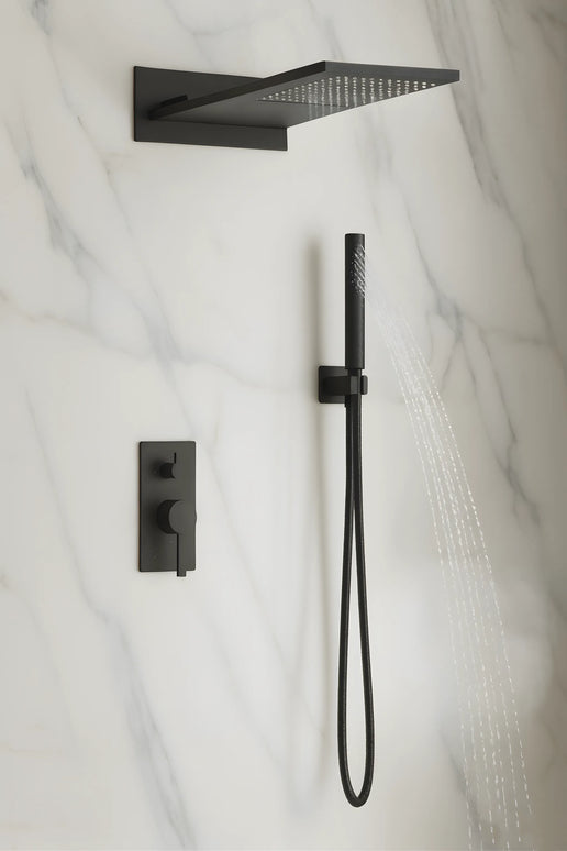 Set duș încastrat 2 funcții – finisaj negru mat, design modern din alamă solidă