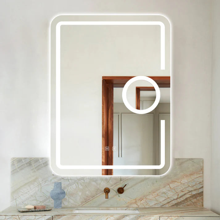 Oglindă baie LED 60x80 cm dreptunghiulară cu lupă cosmetică, 3 nuanțe de lumină, dezaburire și touch control J-1041