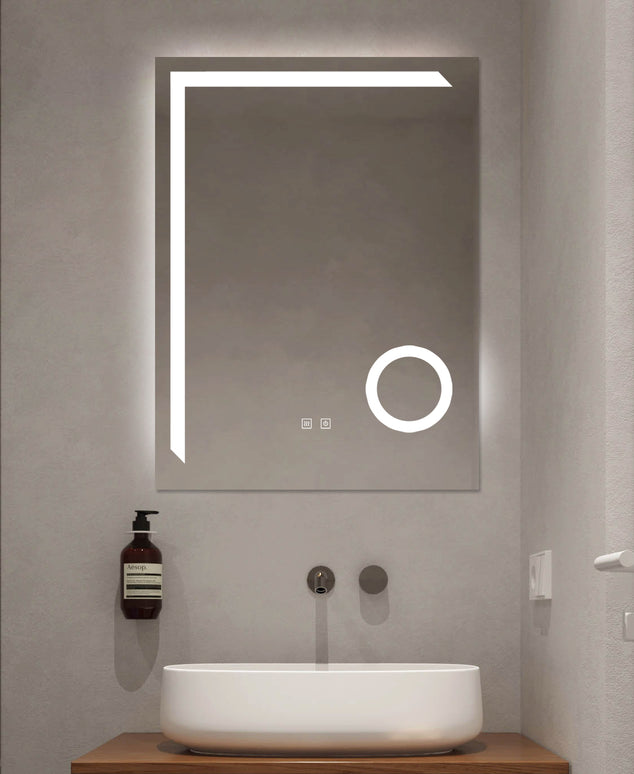 Oglindă LED Baie H-1041B cu Lupă Cosmetică, 3 Nuanțe Lumină, Anti-Aburire și Touch Control