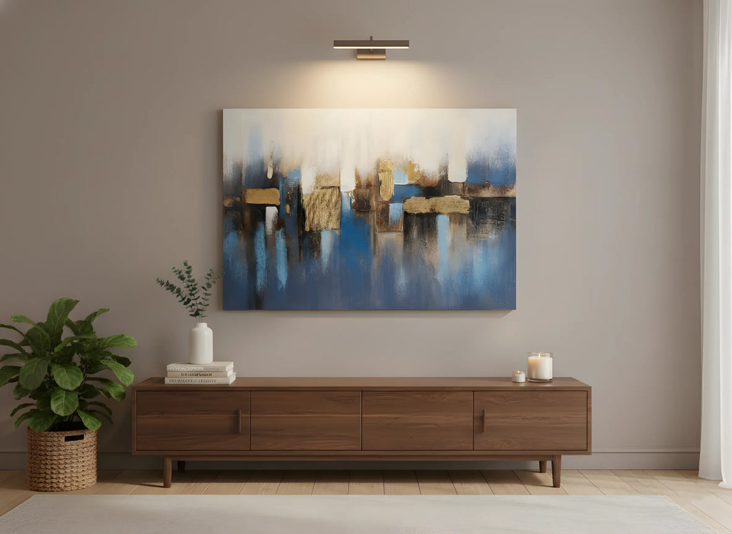 Tablou abstract albastru cu accente aurii – 80×120 cm | Olivy