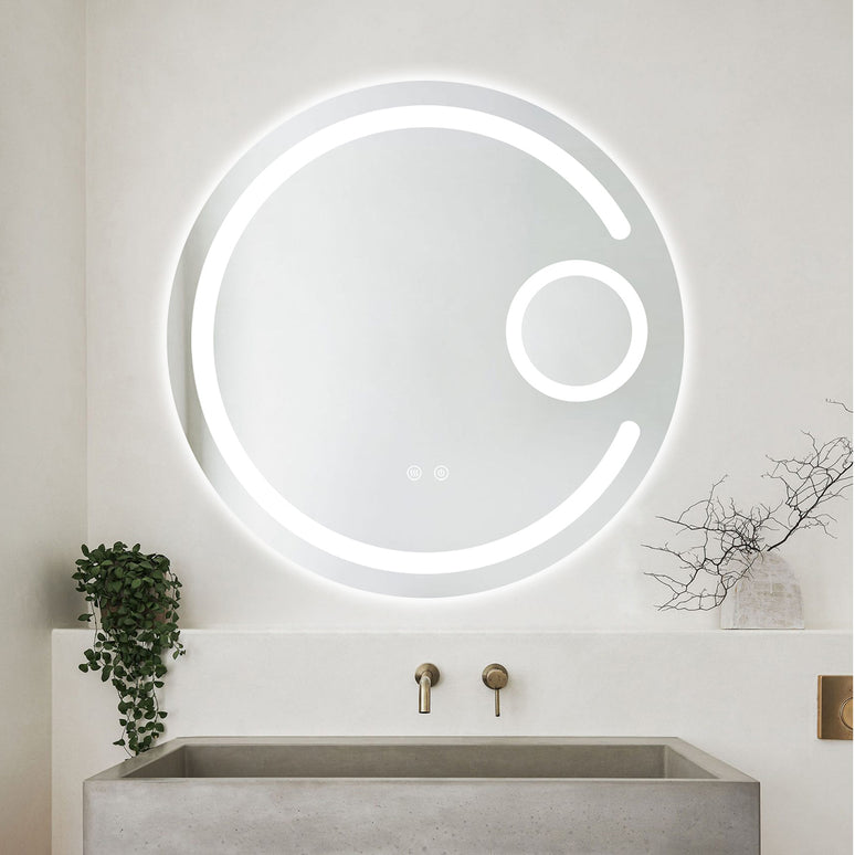 Oglindă baie LED H13 rotundă cu 3 lumini, anti-aburire, touch control și lupă
