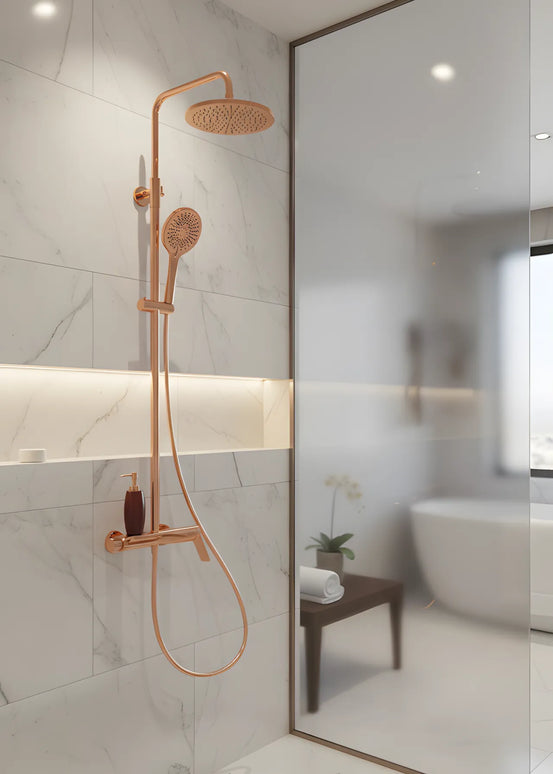 Set duș din alamă cu cioc de cadă integrat – Design premium rose gold