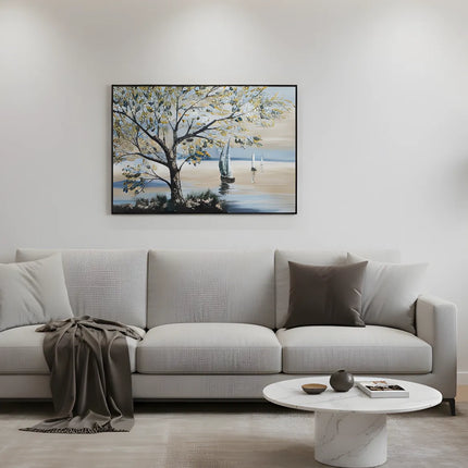 Tablou marin cu copac și vele în tonuri reci – 120×80 cm | Olivy