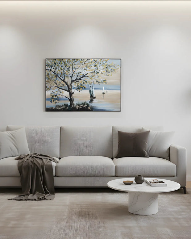 Tablou marin cu copac și vele în tonuri reci – 120×80 cm | Olivy